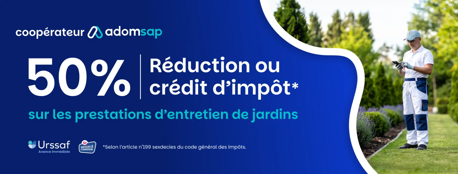 Homme jardinier et offre de réduction d'impôt 50%